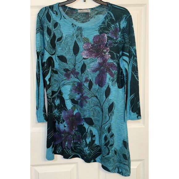 Cactus Women’s Blues Purple Top Tunic Flower Embellished Bling Rhinestone Medium - Picture 1 of 5
